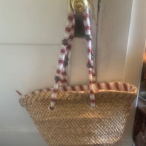 totes Natural Straw Tote with Red & White Striped Handles